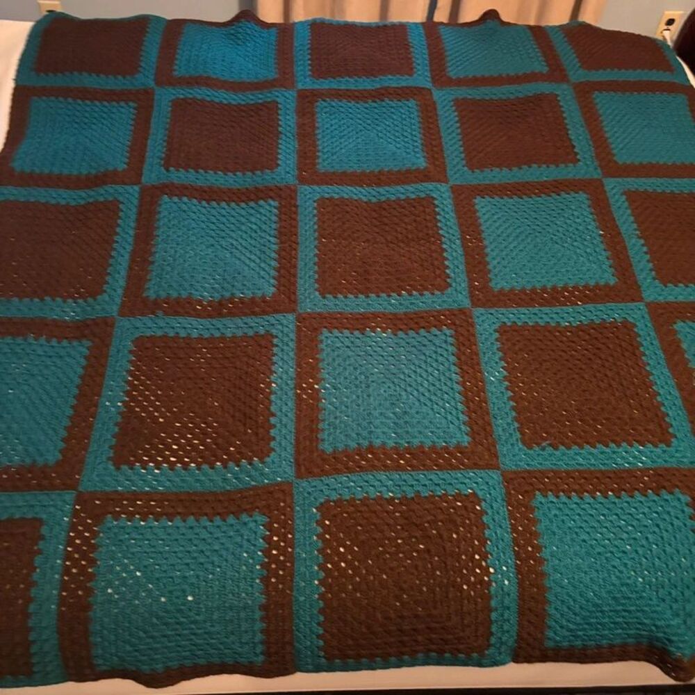 Hand Made Crochet Granny Square Afghan Blanket Teal Blue & Chocolate Brown 68x62